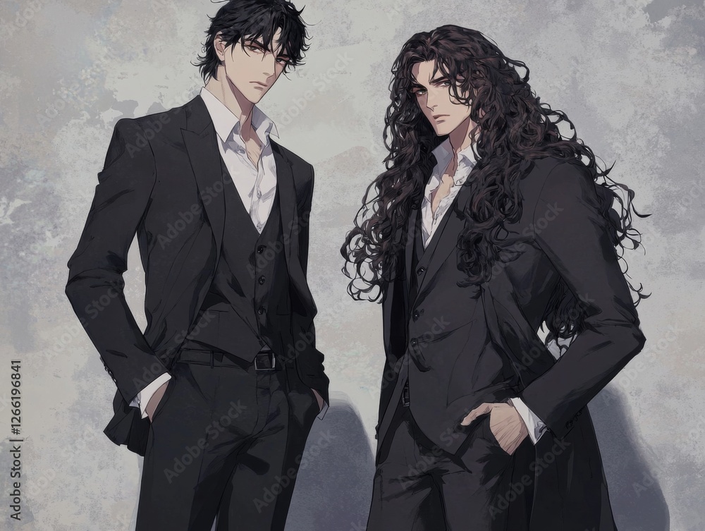 two men in suits, one tall and thin with black hair and the other with short, curly brown hair, standing together. two men in suits, one tall and thin with black hair and the other with short, curly brown hair, standing together.