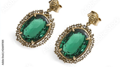 Elegant emerald green dangle earrings, studio shot, showcasing intricate gold filigree