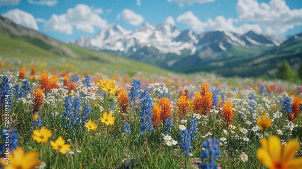 Obraz premium Colorful wildflowers bloom in alpine meadow, snow-capped mountains background. Possible use Nature, travel, scenic