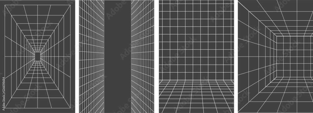 Fototapeta premium geometric wireframe perspective room mesh. Geometry wireframe grid backgrounds in black color
