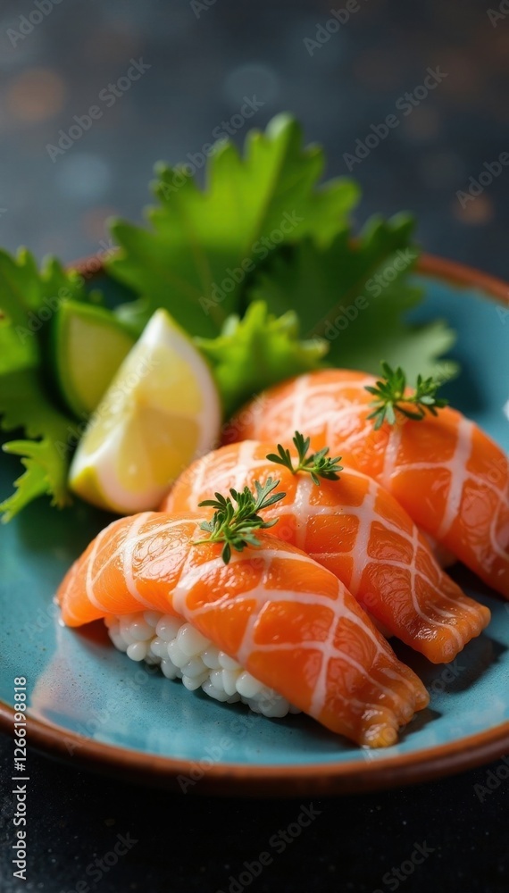 Fish and seafood flat icon with sushi on plate, fish, ocean Fish and seafood flat icon with sushi on plate, fish, ocean