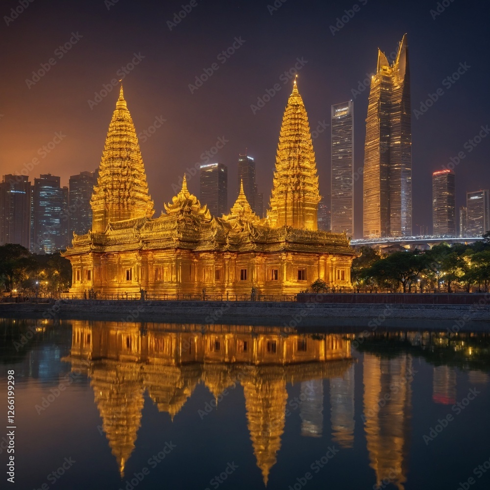 Obraz premium A magnificent golden templar dazzling skyline at night with illuminated buildings and reflections' glowing under the soft evening light.