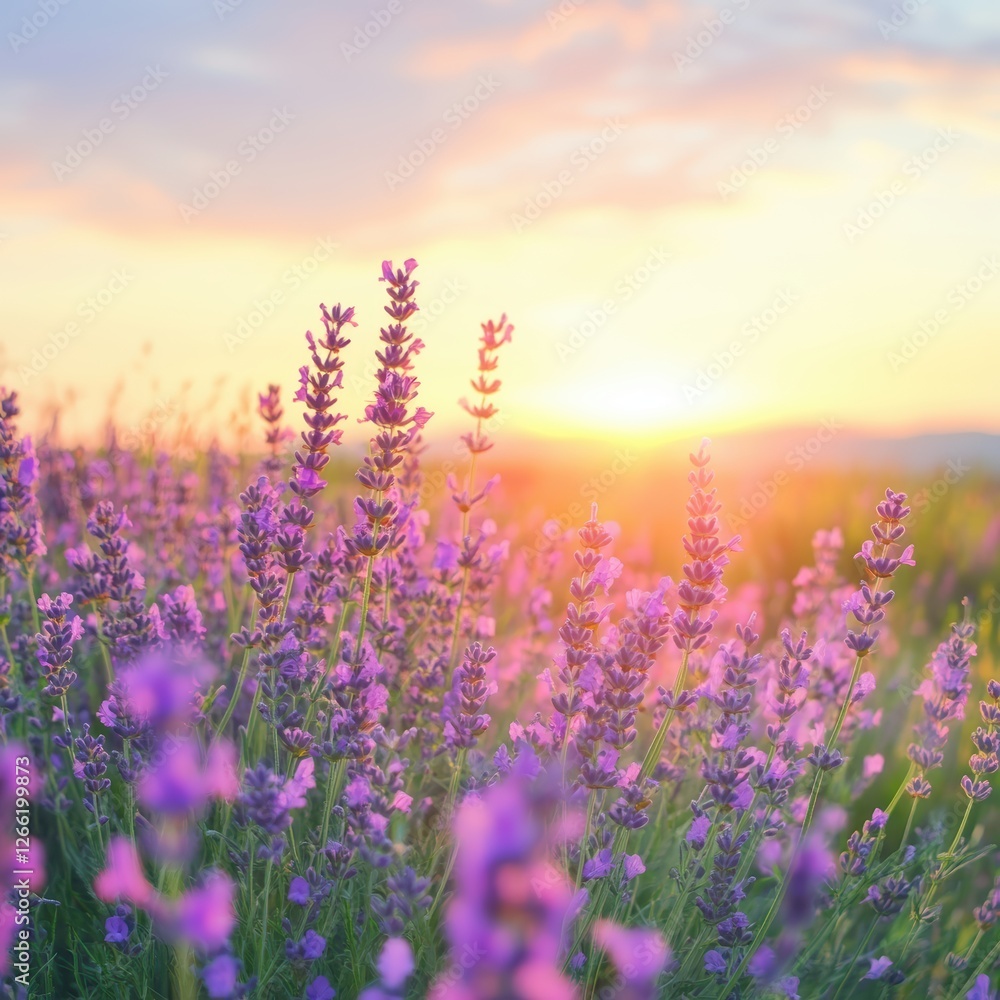 Obraz premium Serene sunset over vibrant lavender field.