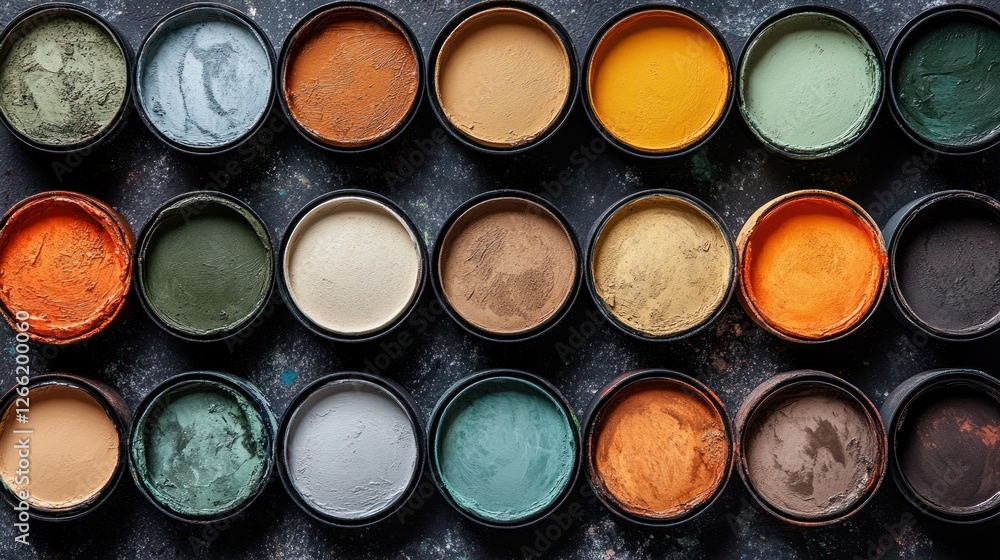 Array of colorful paint samples on dark textured surface Array of colorful paint samples on dark textured surface