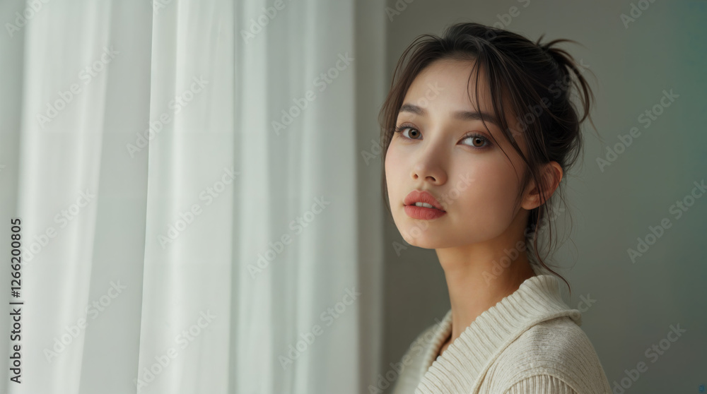 Portrait of a beautiful Asian woman looking past the camera and standing next to window curtain. Illuminated by natural window light. The model has short hair and is wearing a white sweater. Portrait of a beautiful Asian woman looking past the camera and standing next to window curtain. Illuminated by natural window light. The model has short hair and is wearing a white sweater.