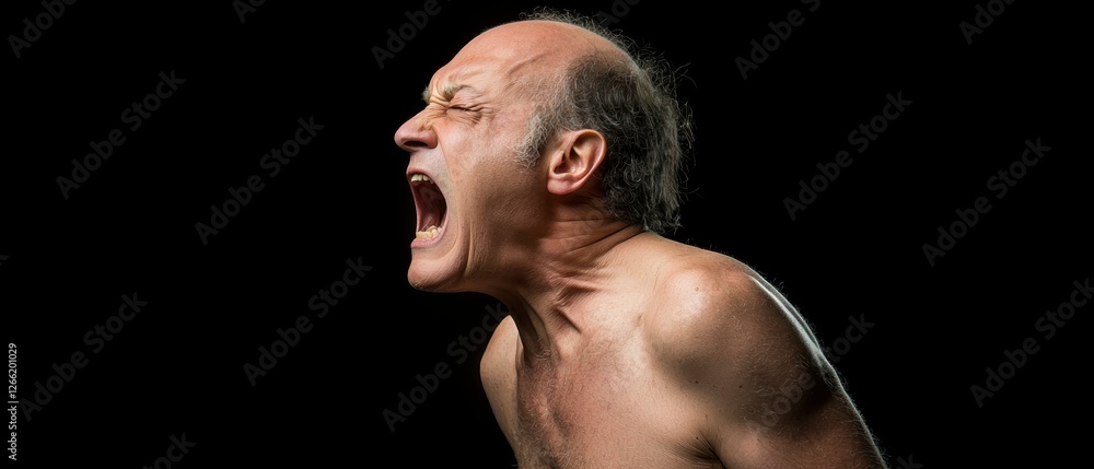 Fototapeta premium Man Expressing Raw Emotion Through Intense Facial Expression in Dark Setting