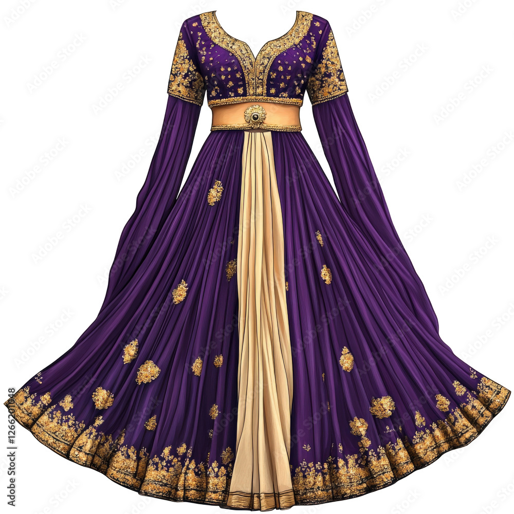 Obraz premium graphic illustration of a traditional Indian Anarkali dress with royal purple and gold embellishments, flowing pleats, elegant contours, transparent background, PNG