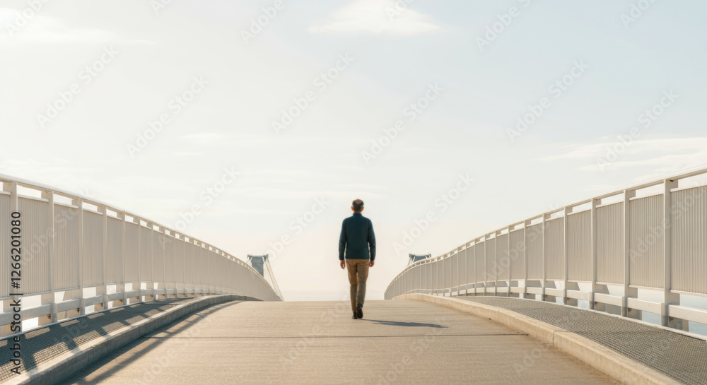 A man walks across a bridge, looking out over a body of water A man walks across a bridge, looking out over a body of water
