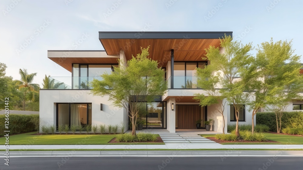 Contemporary Residential Home with Expansive Front Lawn and Generous Driveway Surrounded by Lush Greenery Contemporary Residential Home with Expansive Front Lawn and Generous Driveway Surrounded by Lush Greenery