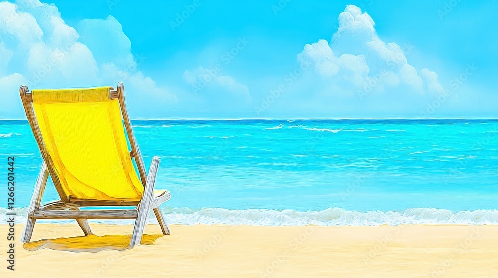 Bright Yellow Beach Chair by Tranquil Blue Ocean Under Cloudy Sky with Soft Sand at Peaceful Coastal Scene Bright Yellow Beach Chair by Tranquil Blue Ocean Under Cloudy Sky with Soft Sand at Peaceful Coastal Scene