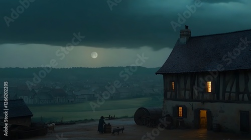 Moonlit village, farmer, dog, cart photo