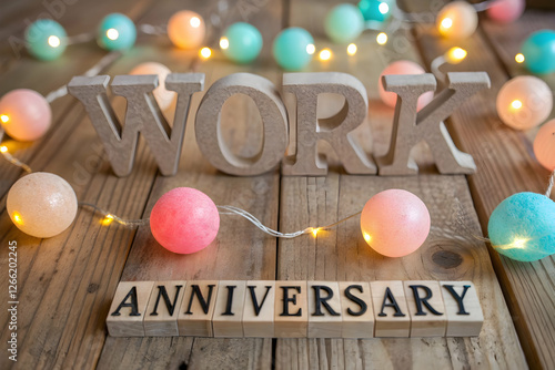 Work anniversary celebration with wooden decor, balloons and festive lights on a table creating a joyful office party atmosphere