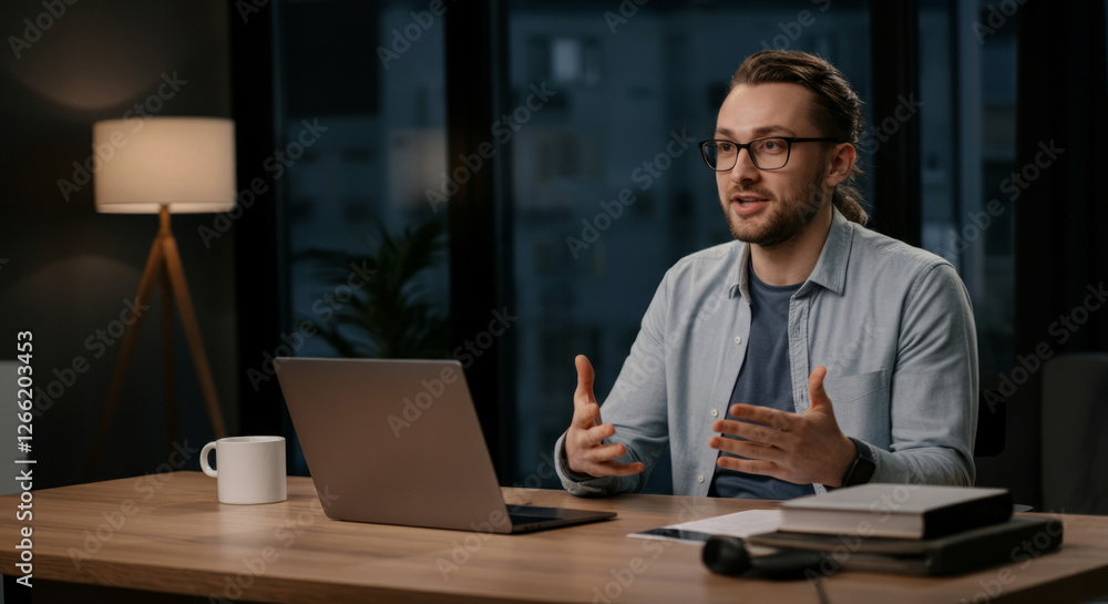 A man is sitting at a desk with a laptop and a cup of coffee A man is sitting at a desk with a laptop and a cup of coffee