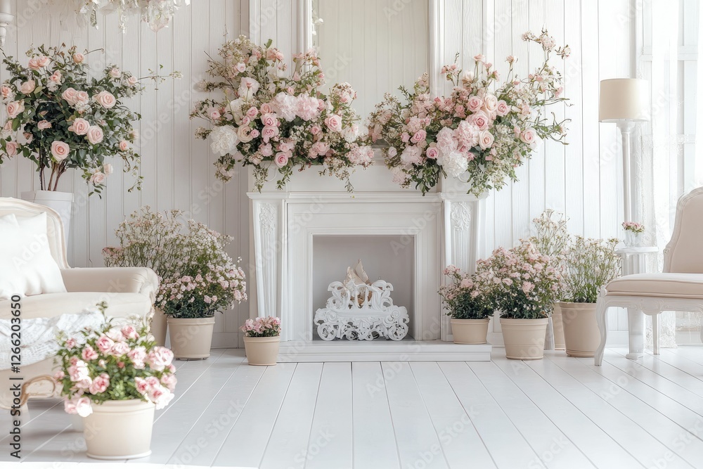 Romantic White Room Decorated With Pink Flowers Romantic White Room Decorated With Pink Flowers
