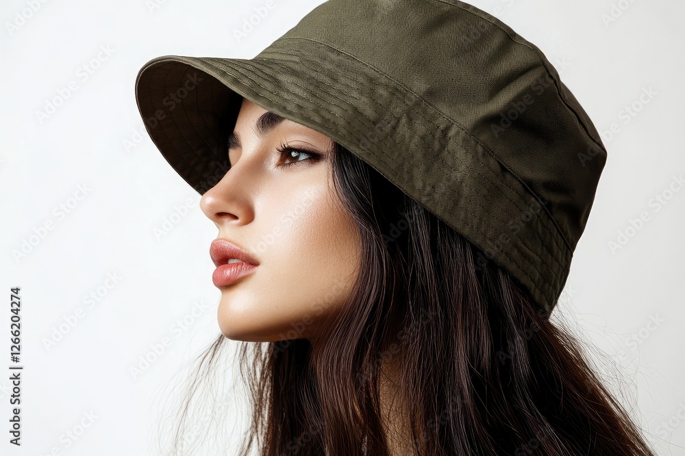 Woman with long dark hair wearing a green bucket hat Woman with long dark hair wearing a green bucket hat