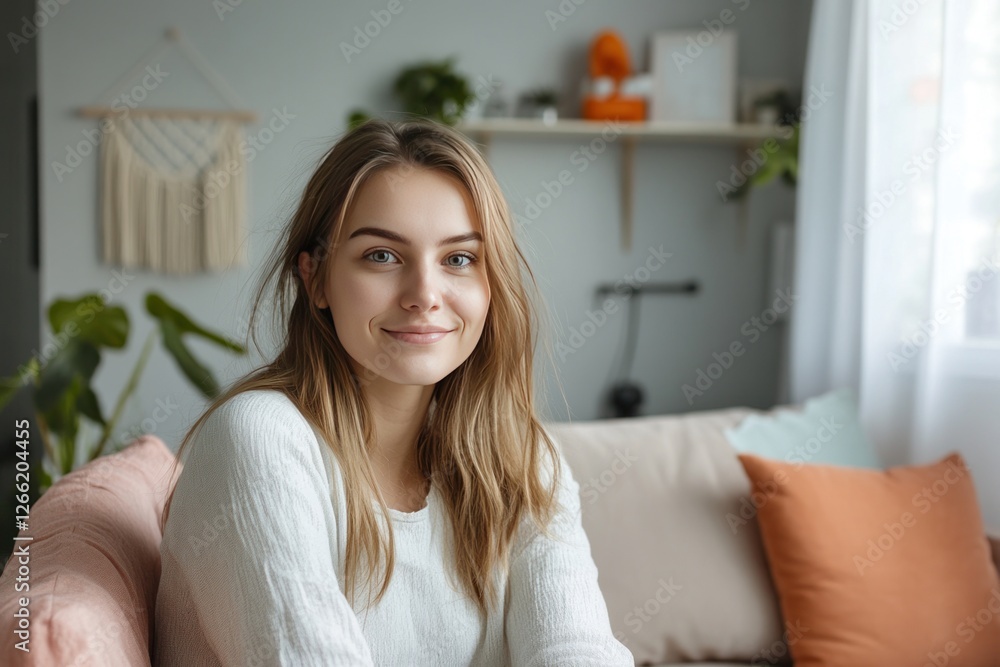 Young woman smiling and sitting on a couch in a cozy living room. Young woman smiling and sitting on a couch in a cozy living room.