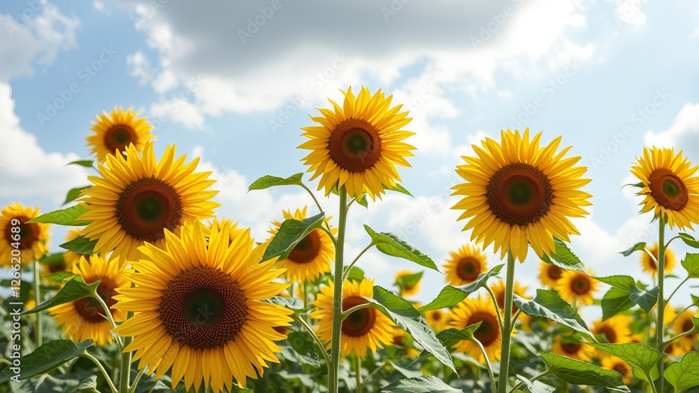 Fototapeta premium Vibrant Field of Sunflowers Stretching Towards Azure Sky Under Bright Sunlight Creating Cheerful Scene