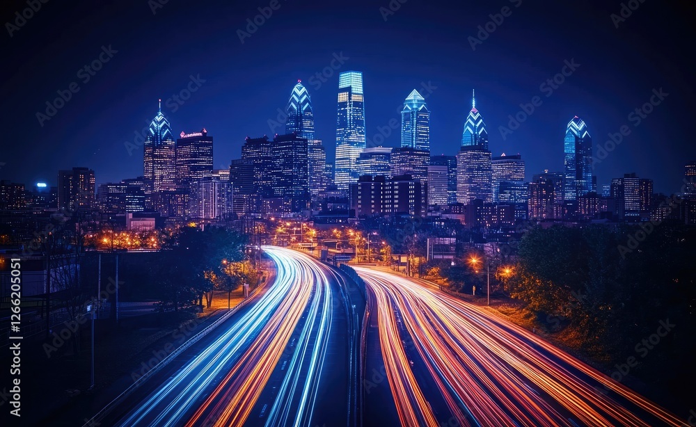Nighttime Philadelphia Skyline With Light Trails On Highway Nighttime Philadelphia Skyline With Light Trails On Highway