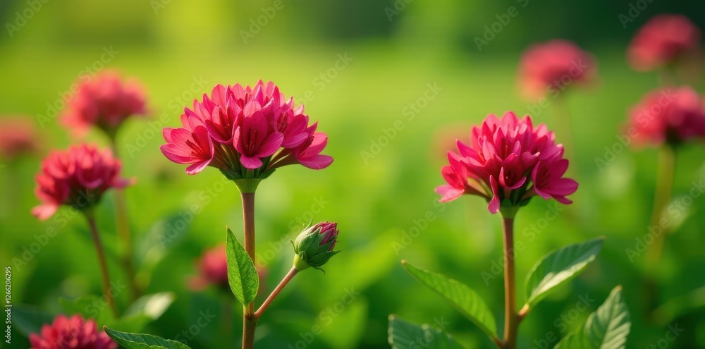 Close-up of vibrant red clover blooms against a lush green meadow backdrop, wildflower, nature Close-up of vibrant red clover blooms against a lush green meadow backdrop, wildflower, nature