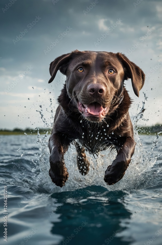 A joyful chocolate Labrador leaps through water, splashing playfully in a natural setting. A joyful chocolate Labrador leaps through water, splashing playfully in a natural setting.