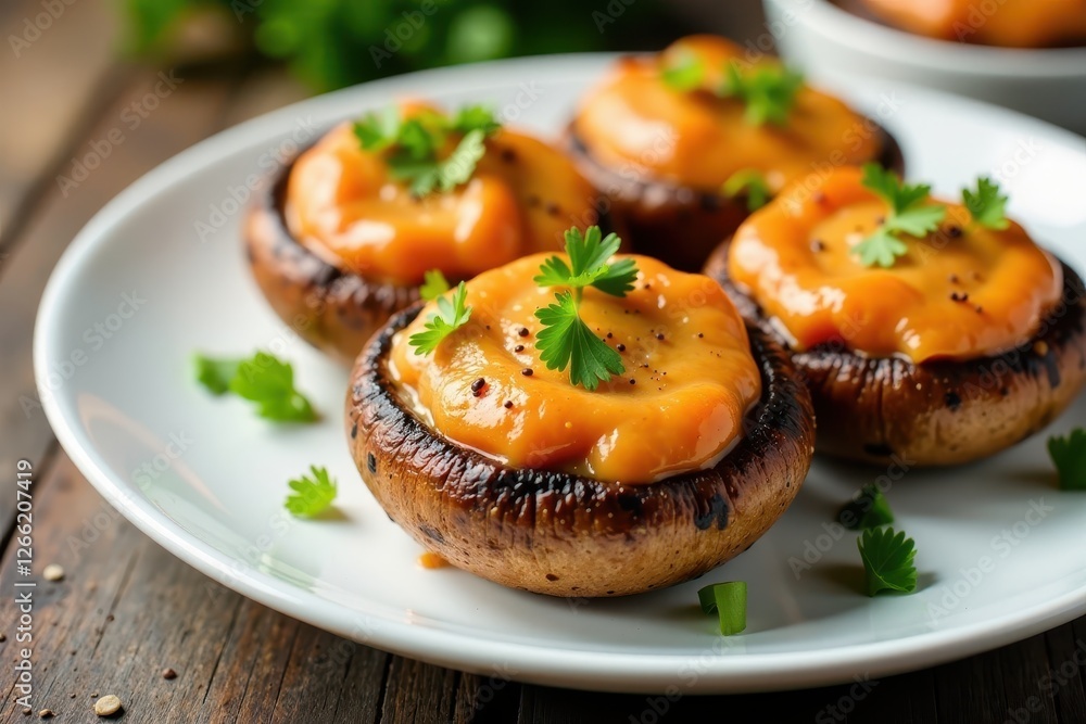 Earthy mushrooms filled with creamy salmon mixture and baked to perfection, food, dinner Earthy mushrooms filled with creamy salmon mixture and baked to perfection, food, dinner