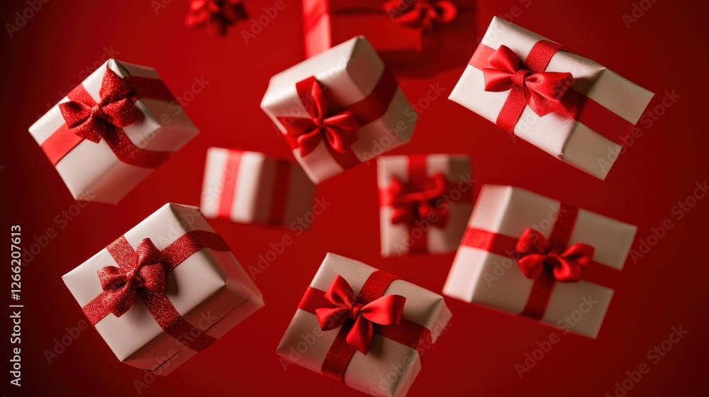 Cheerful flying gift boxes with red bows against a vibrant red background, evoking the spirit of celebration and giving. Cheerful flying gift boxes with red bows against a vibrant red background, evoking the spirit of celebration and giving.