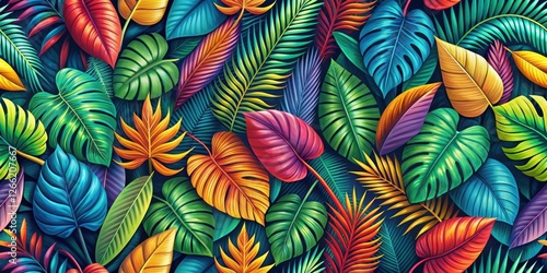 Vibrant tropical seamless pattern with various colorful leaves, tropical, seamless, background, bright, colorful, leaves
