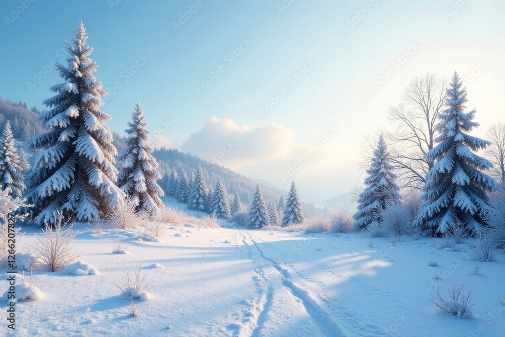 Fototapeta premium Frosty landscape with snow-covered trees and bare sky, barren, winter