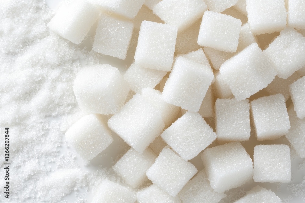 Close up photograph featuring a pile of white sugar cubes Close up photograph featuring a pile of white sugar cubes
