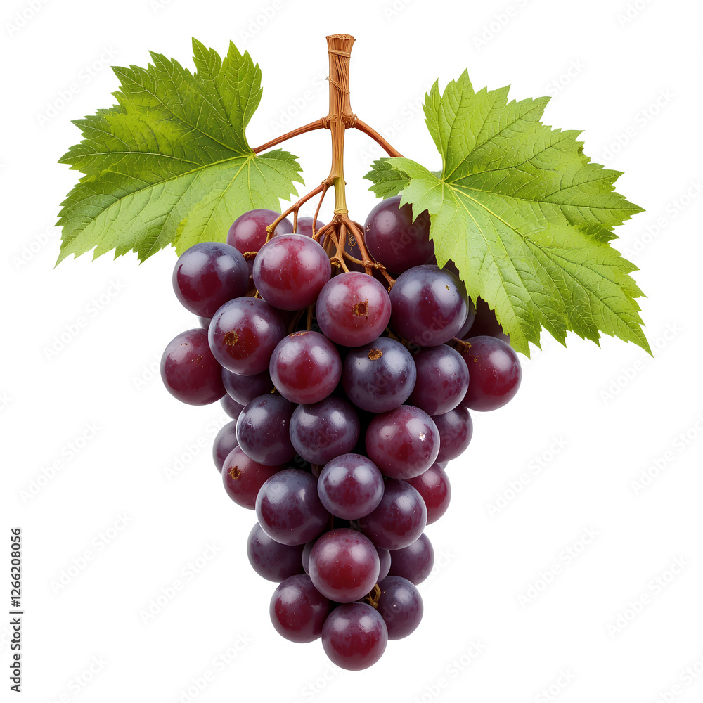Fototapeta premium Fresh Purple Grapes Hanging on a Vine With Green Leaves Displayed
