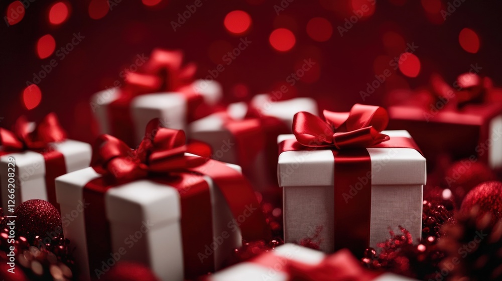 Charming white gift boxes adorned with red ribbons, surrounded by festive decorations in a vibrant red setting. Charming white gift boxes adorned with red ribbons, surrounded by festive decorations in a vibrant red setting.