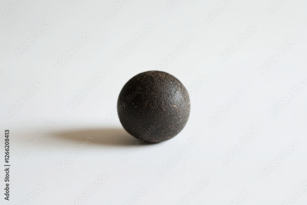 Dark brown spherical object rests on a bright white surface Dark brown spherical object rests on a bright white surface