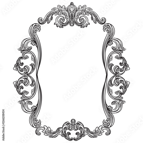 Vintage ornate baroque frame. Hand drawing border scroll floral swirl ornament. Vector illustration. Engraving retro filigree frame design element, antique style. For wedding invitation, greeting card