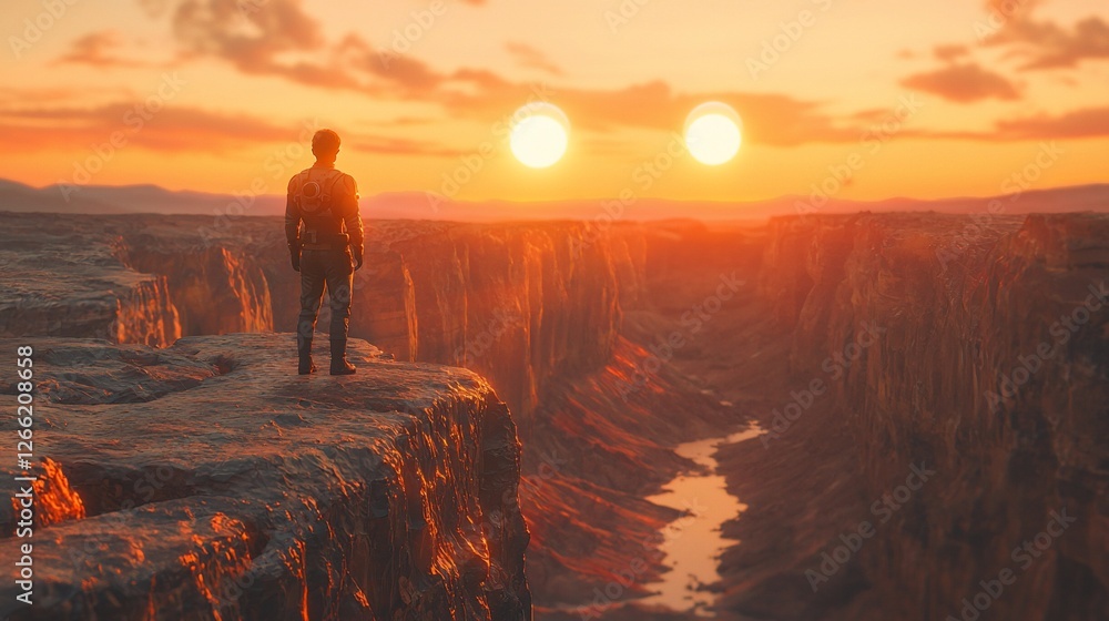 Fototapeta premium Man contemplates binary sunset, canyon landscape, alien planet, sci-fi concept art