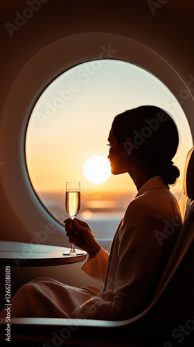 Businesswoman enjoying champagne while admiring sunset from private jet