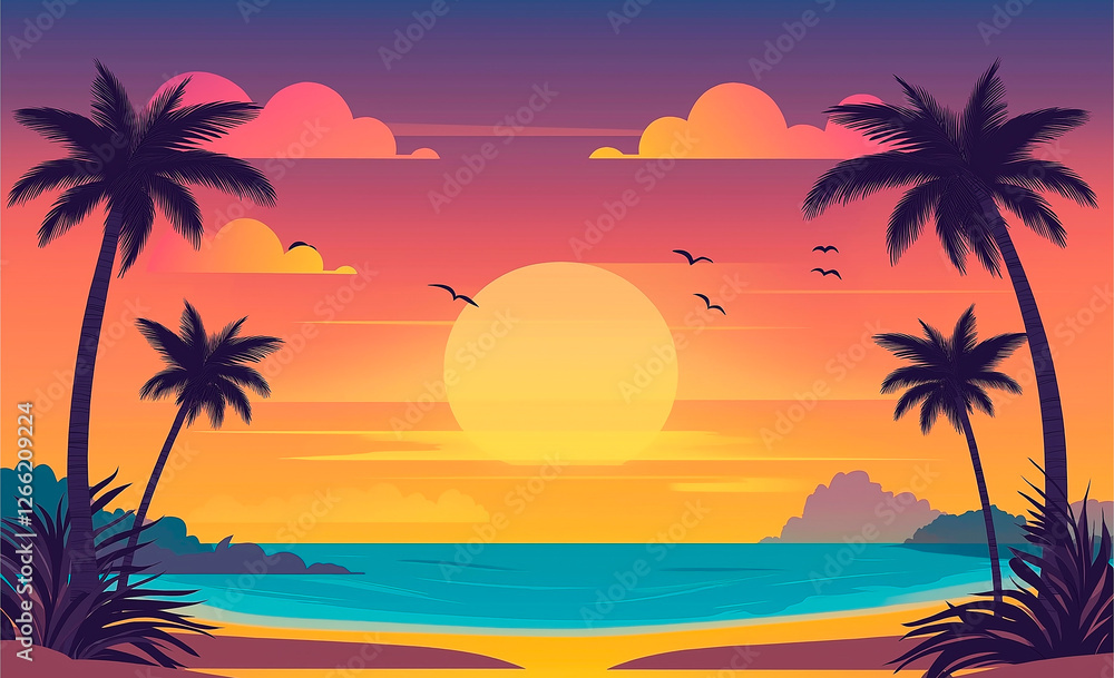 Tropical beach with palm trees at sunset creating a colorful landscape Tropical beach with palm trees at sunset creating a colorful landscape