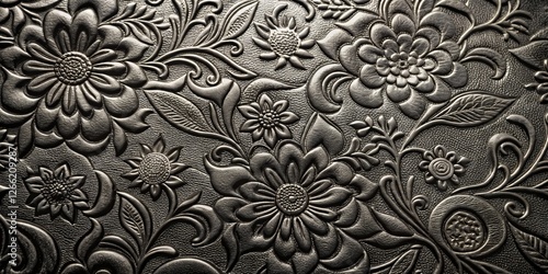 Embossed shiny black leather with intricate floral design for luxury fashion accessories, black, leather, embossed, shiny