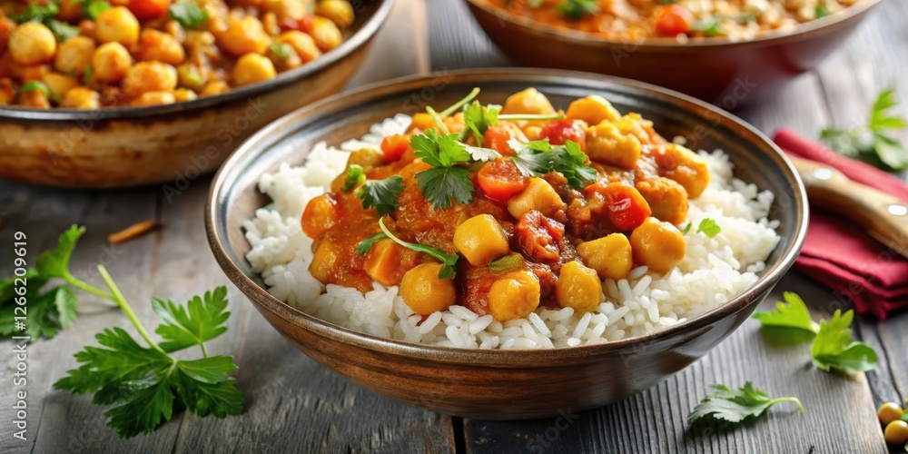 Close-up shot of a delicious chickpea curry with aromatic basmati rice , Chickpeas, Curry, Basmati rice Close-up shot of a delicious chickpea curry with aromatic basmati rice , Chickpeas, Curry, Basmati rice