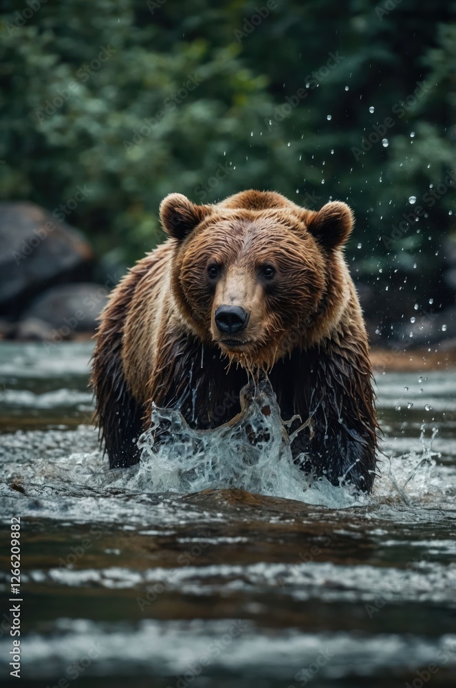 A bear wades through water, creating splashes amidst a lush, green forest backdrop. A bear wades through water, creating splashes amidst a lush, green forest backdrop.