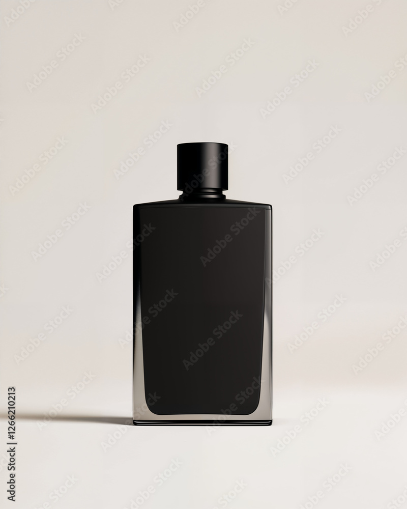 Elegant black fragrance bottle on a soft neutral background showcasing modern design simplicity Elegant black fragrance bottle on a soft neutral background showcasing modern design simplicity