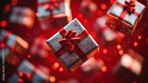 Colorful presents with shiny bows suspended against a blurred red backdrop, evoking a joyful and festive atmosphere.