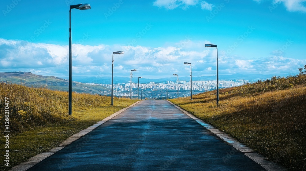 Asphalt Road Leading to City Skyline View Asphalt Road Leading to City Skyline View
