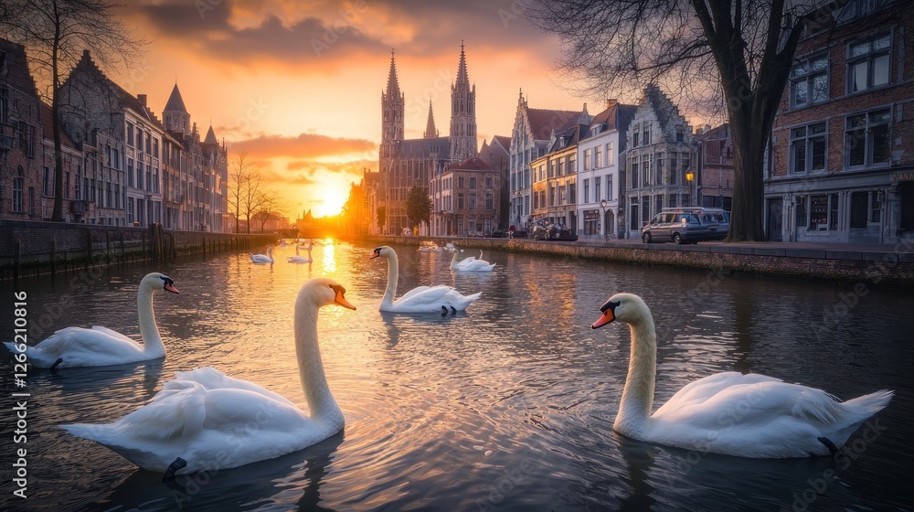 Fototapeta premium Swans on canal, Bruges, sunset, historical buildings