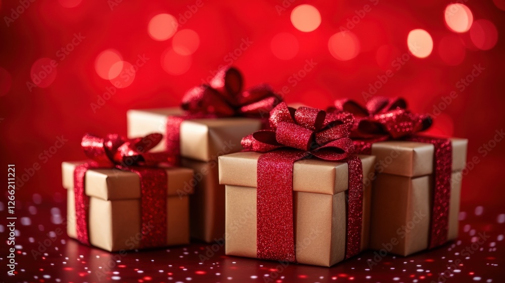 A collection of beautifully wrapped presents with shiny ribbons against a vibrant red backdrop, evoking the warmth of the holiday season. A collection of beautifully wrapped presents with shiny ribbons against a vibrant red backdrop, evoking the warmth of the holiday season.