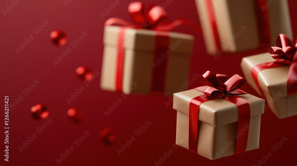 Elegant gift boxes adorned with red ribbons, suspended against a warm red background, creating a joyful holiday atmosphere. Elegant gift boxes adorned with red ribbons, suspended against a warm red background, creating a joyful holiday atmosphere.