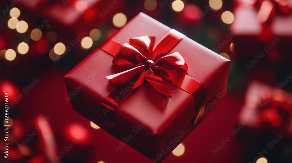 Festive red gift box adorned with a shiny bow, surrounded by twinkling lights, capturing the essence of holiday joy and celebration. Festive red gift box adorned with a shiny bow, surrounded by twinkling lights, capturing the essence of holiday joy and celebration.