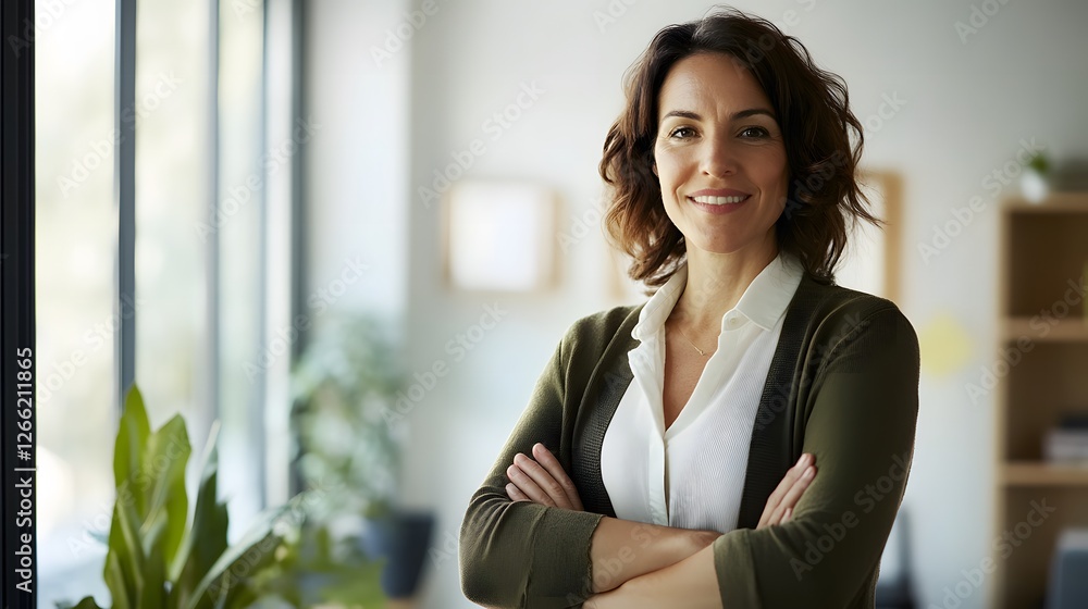 Confident female professional in a modern office, embodying focus and determination Confident female professional in a modern office, embodying focus and determination