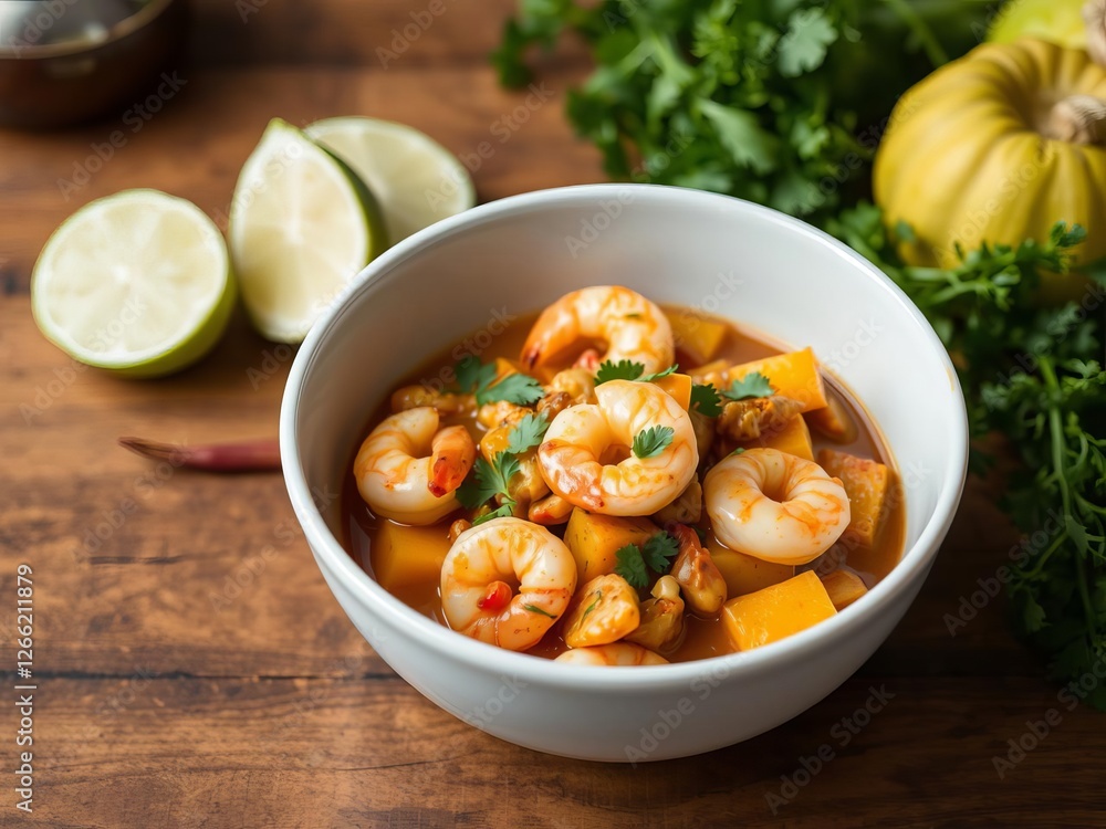 A delicious and colorful shrimp and butternut squash curry dish, bowl, meal, dish A delicious and colorful shrimp and butternut squash curry dish, bowl, meal, dish