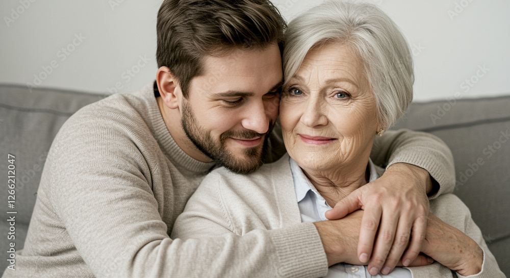 Man and woman embracing on couch showing family love and generational bond. Senior woman with her adult son hugging on sofa expressing love and care. Happy family moment between mother and son Man and woman embracing on couch showing family love and generational bond. Senior woman with her adult son hugging on sofa expressing love and care. Happy family moment between mother and son