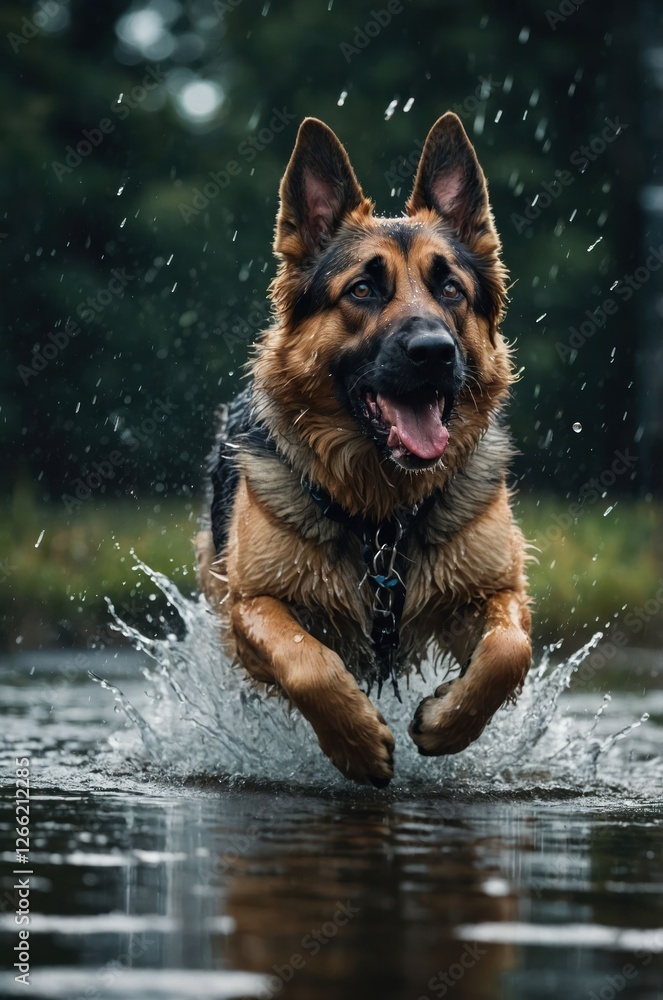 A German Shepherd joyfully splashes through water, embodying playfulness and energy. A German Shepherd joyfully splashes through water, embodying playfulness and energy.
